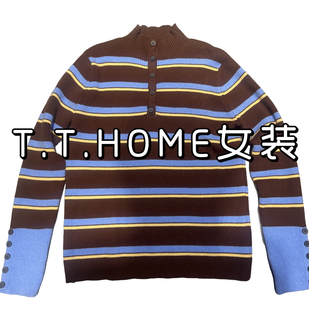 条纹拼接撞色针织衫女半高领排扣设计长袖复古百搭毛针织衫