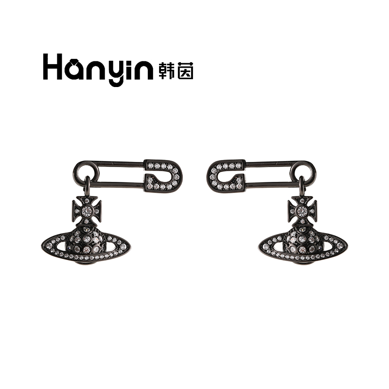 铜合金合成锆石耳饰 925银针气质微镶黑色别针土星耳钉AAA