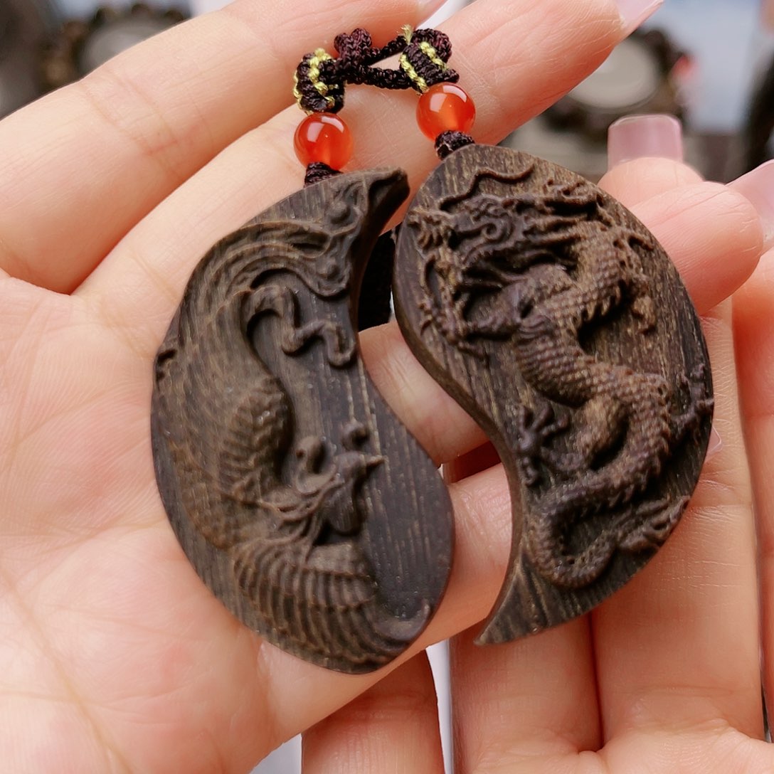沉香木手串越南芽庄老白棋玉化古董老料龙凤呈祥牌
