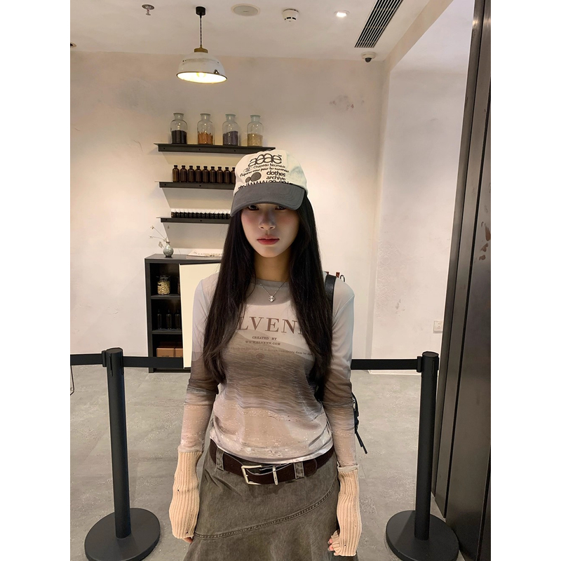 【清】NO退换ONEXH·2025冬毛织袖口拼接印花长袖网纱上衣内搭衫