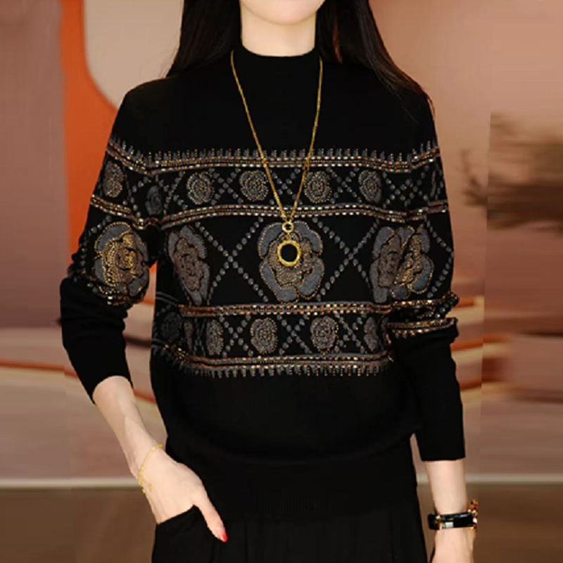 洋气时尚烫钻提花长袖针织衫女2025冬季新款宽松显瘦百搭烫钻上衣
