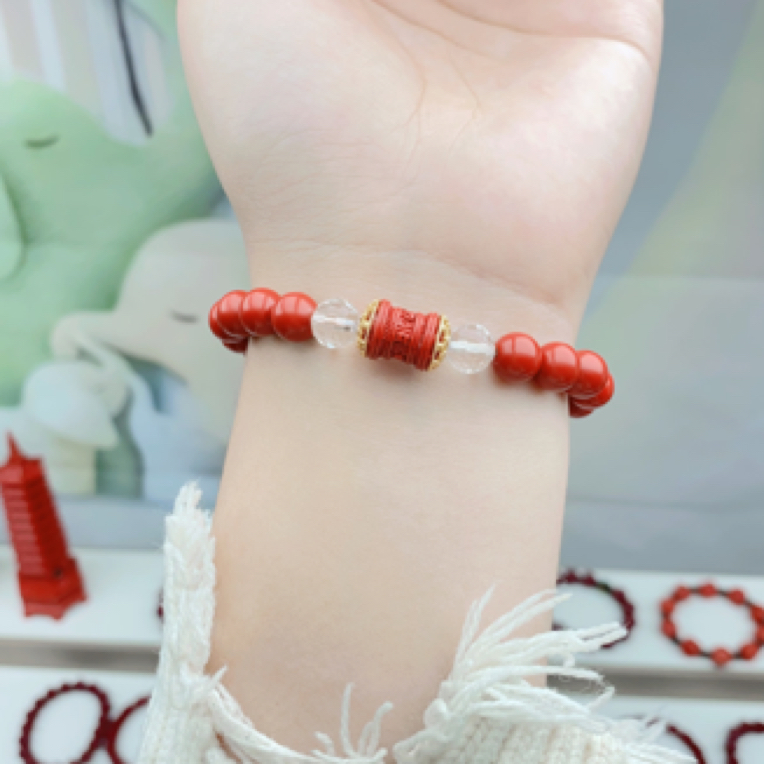 含辰砂工艺品含辰砂高含量红朱砂8mm六字箴言桶珠水晶手串