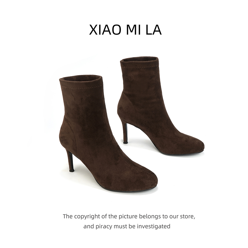 法式圆头复古绒面短靴2025新款秋冬弹力靴黑色绒里时尚百搭瘦瘦靴