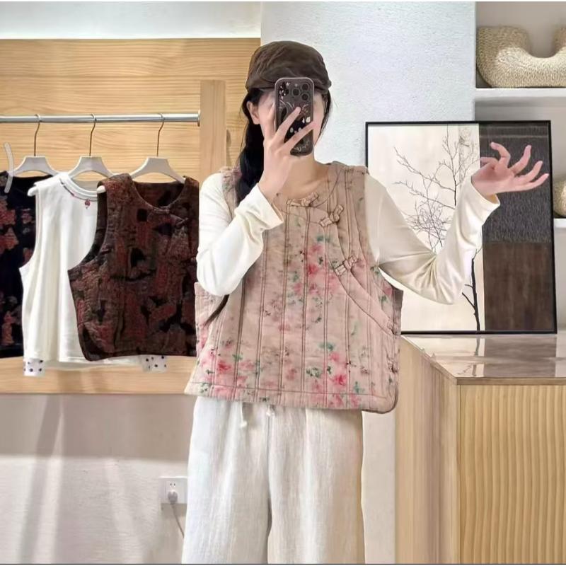 【胖宝推荐】复古文艺斜纹棉夹棉印花套头马甲国风新款女斜襟7190-3