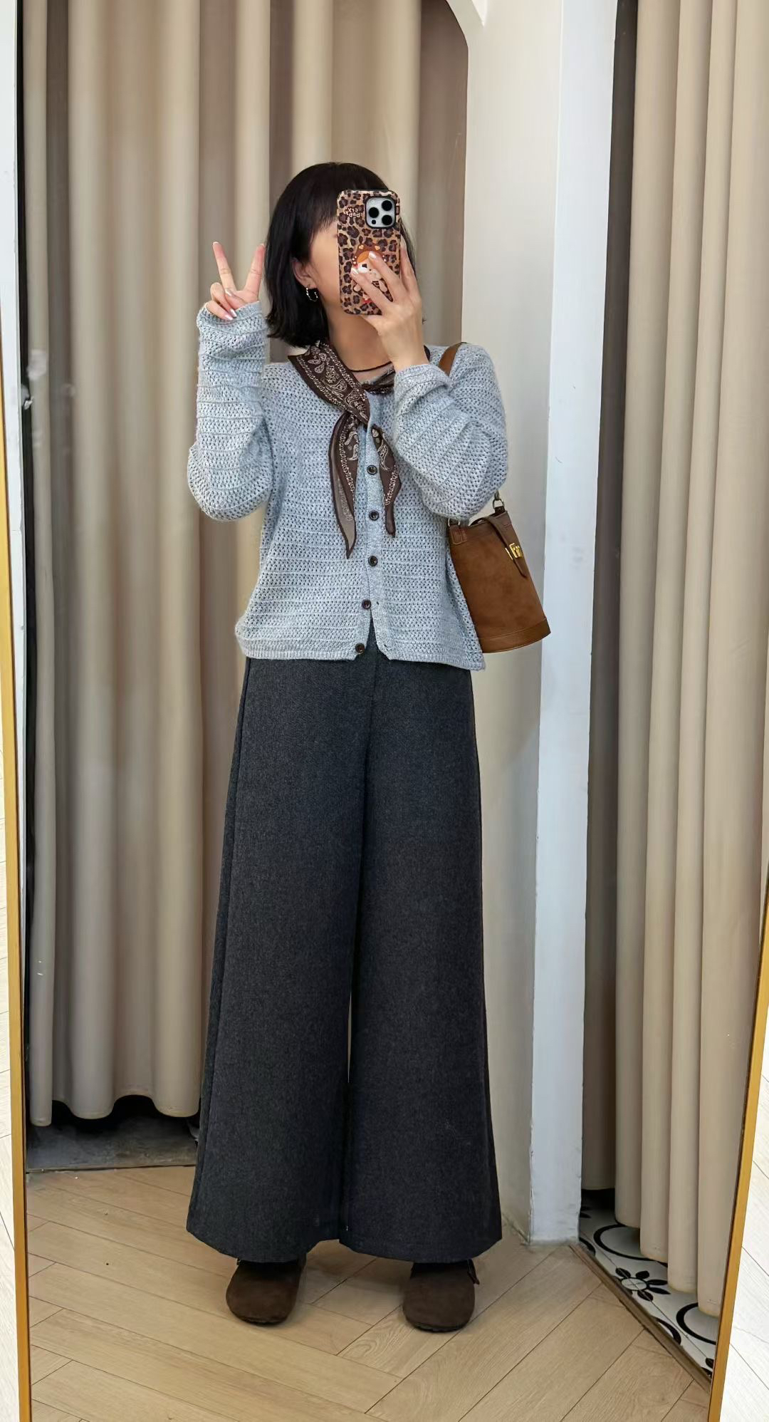 春季新款大码格子毛呢直筒裤女九分显瘦阔腿裤适合梨型身材