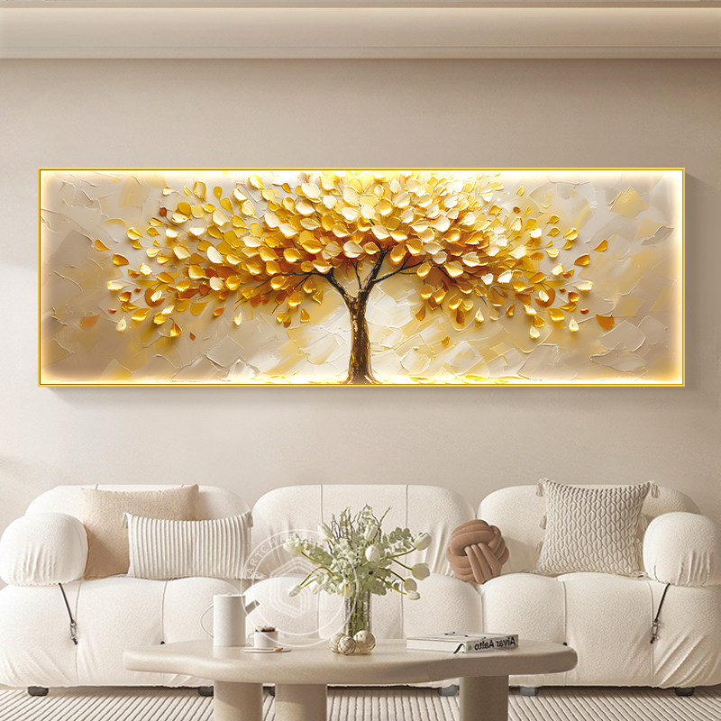 2025新款奶油风led灯发财树客厅装饰画高端寓意好沙发背景墙挂画