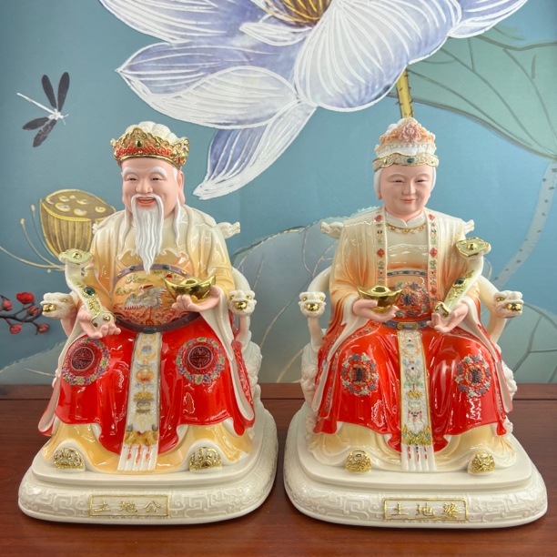 土地公土地婆仿瓷桌面摆件玄关摆件手工家用摆设佛堂彩绘
