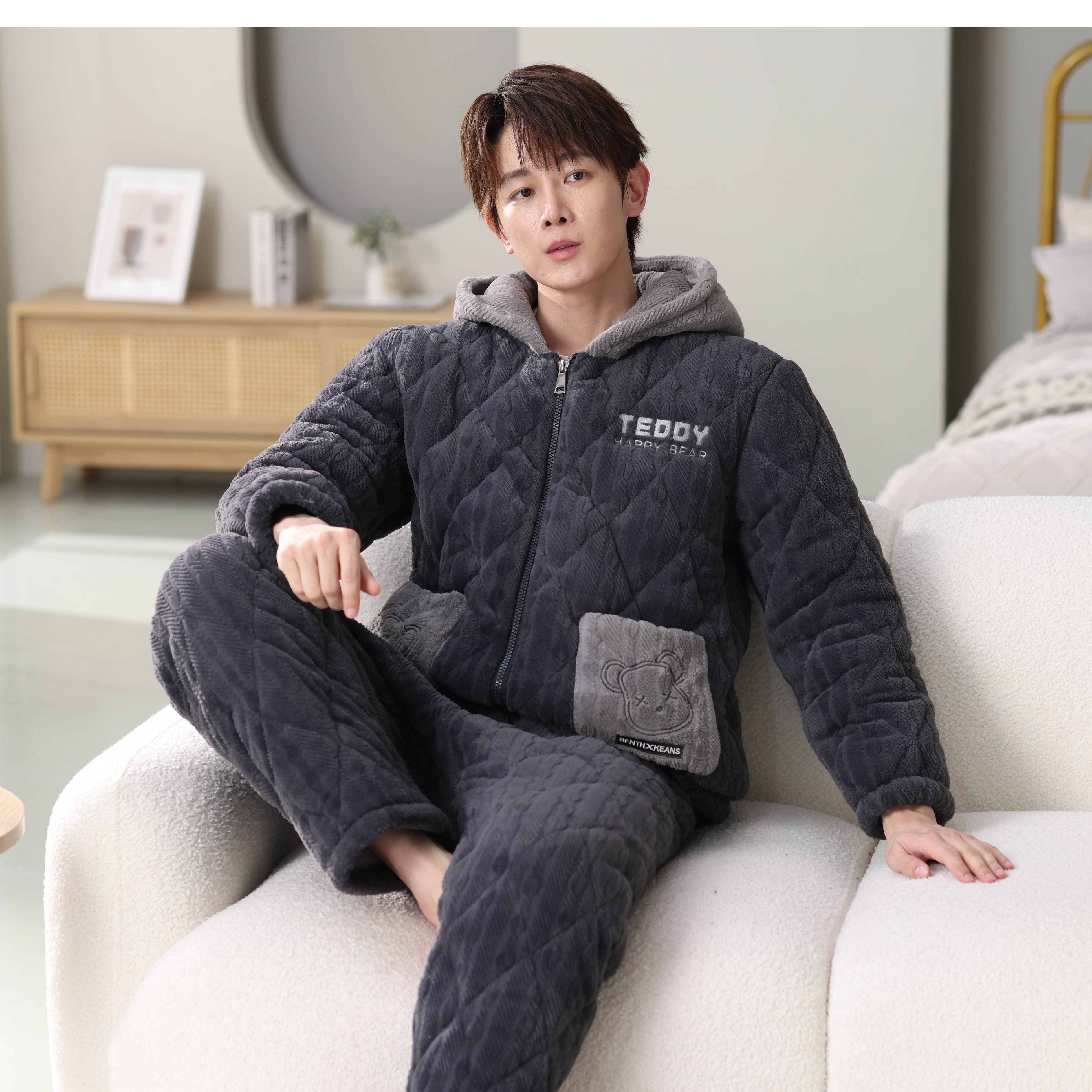 连帽冬季三层夹棉纯色保暖睡衣家居服套装套装大码男士加厚
