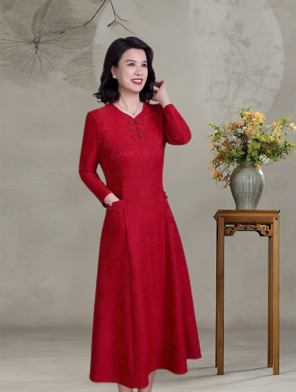 三盘扣妈妈装新款中国风5女装连衣裙中长款显瘦修身