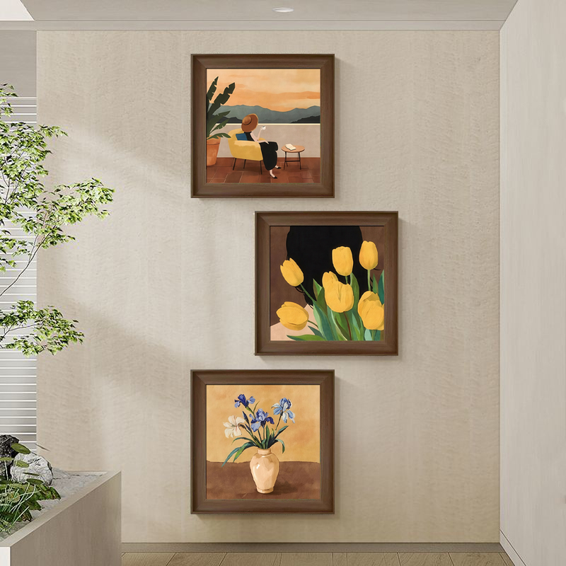 中式美学三联画文艺法式餐厅挂画客厅抽象艺术书房卧室壁画FA11