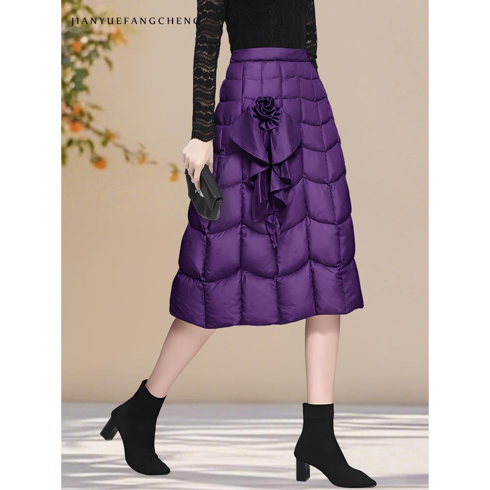 YIHUI伊卉欧洲站设计感荷叶边白鸭绒羽绒裙女中长款紫色BH257170