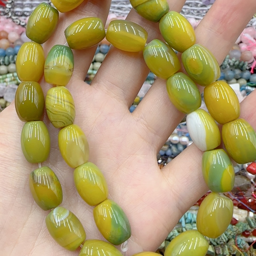 玛瑙/玉髓未镶嵌珠宝半成品黄绿玛瑙米珠一条10-14特价