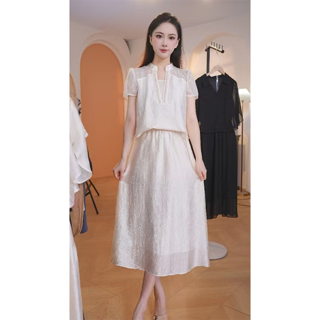 L8877 2025年夏季新款时尚优雅气质显瘦减龄上衣+中长款半身裙