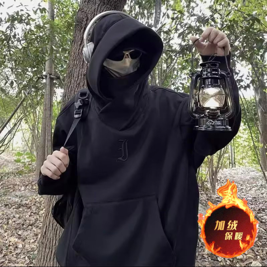 港风宽松百搭帅气机能情侣上衣欧美堆堆领加厚高领连帽社恐卫衣男