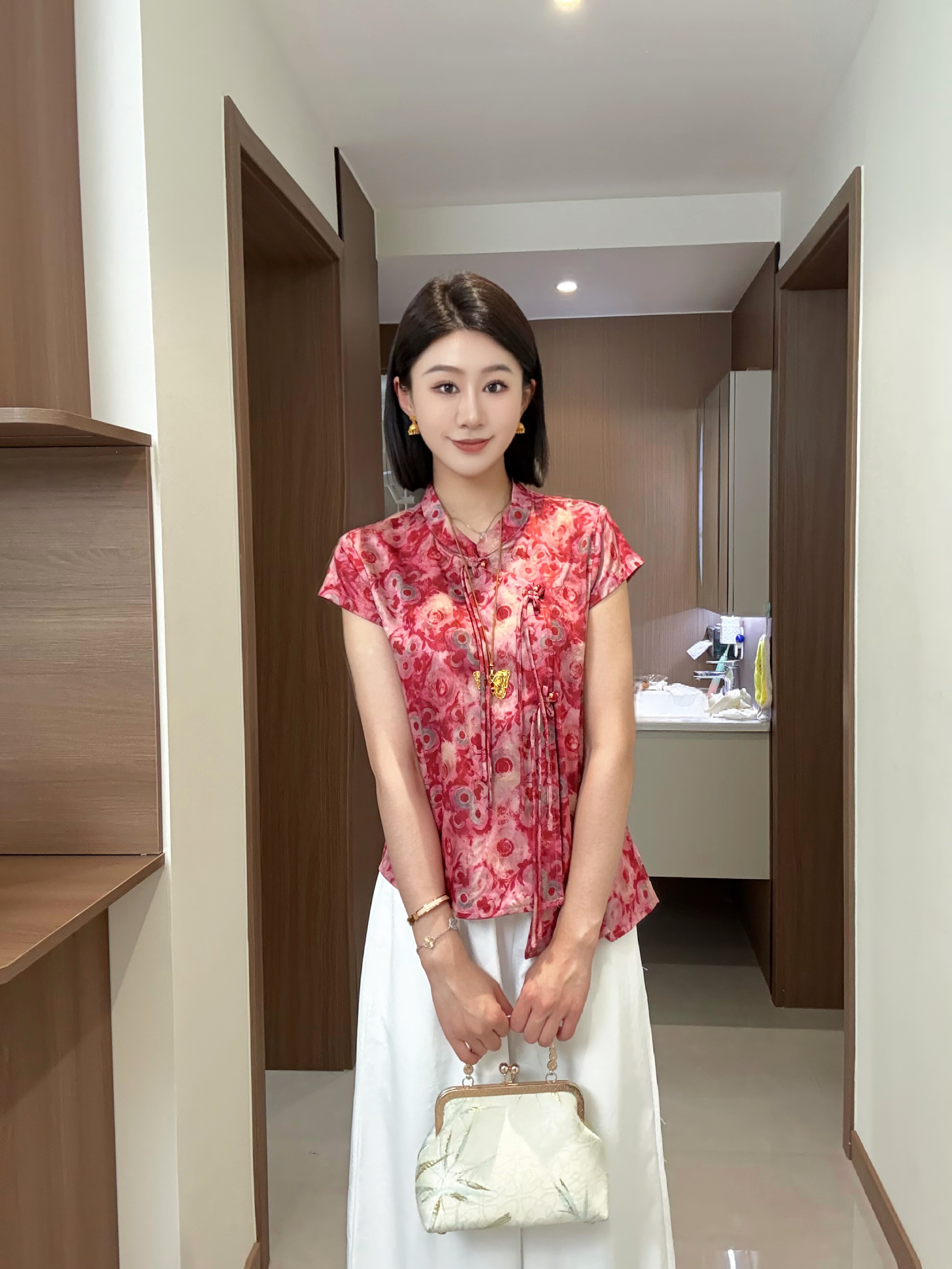 短袖立领新中式不起球夏季衬衫圆领提花花色清凉感上衣