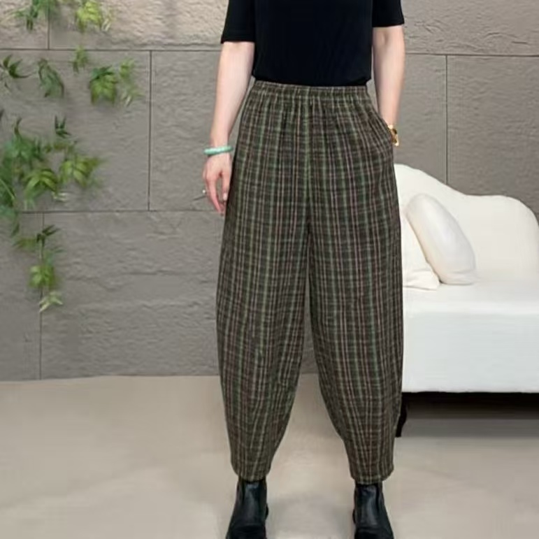 2025冬季新款时尚洋气休闲裤显瘦百搭宽松格纹网红松紧腰哈伦裤