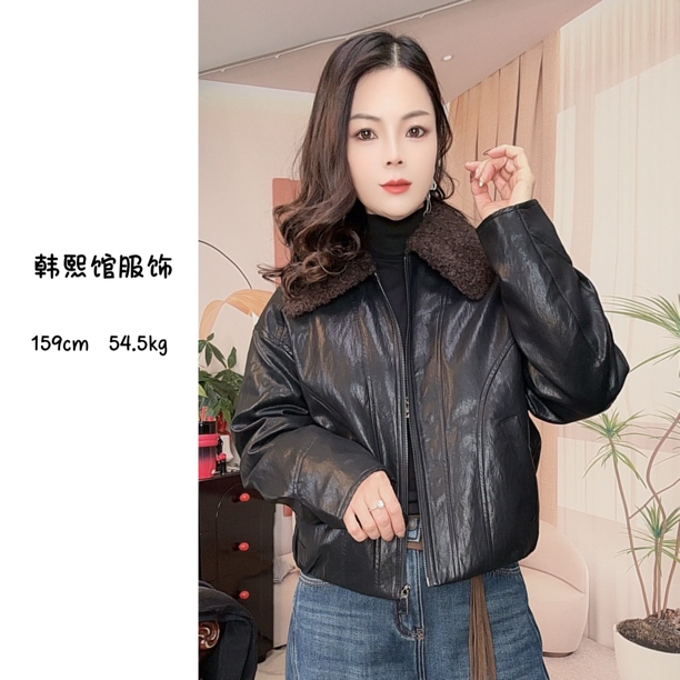 【韩熙家]2025冬新款高级感羊羔毛毛领皮女白鸭绒外套皮夹克