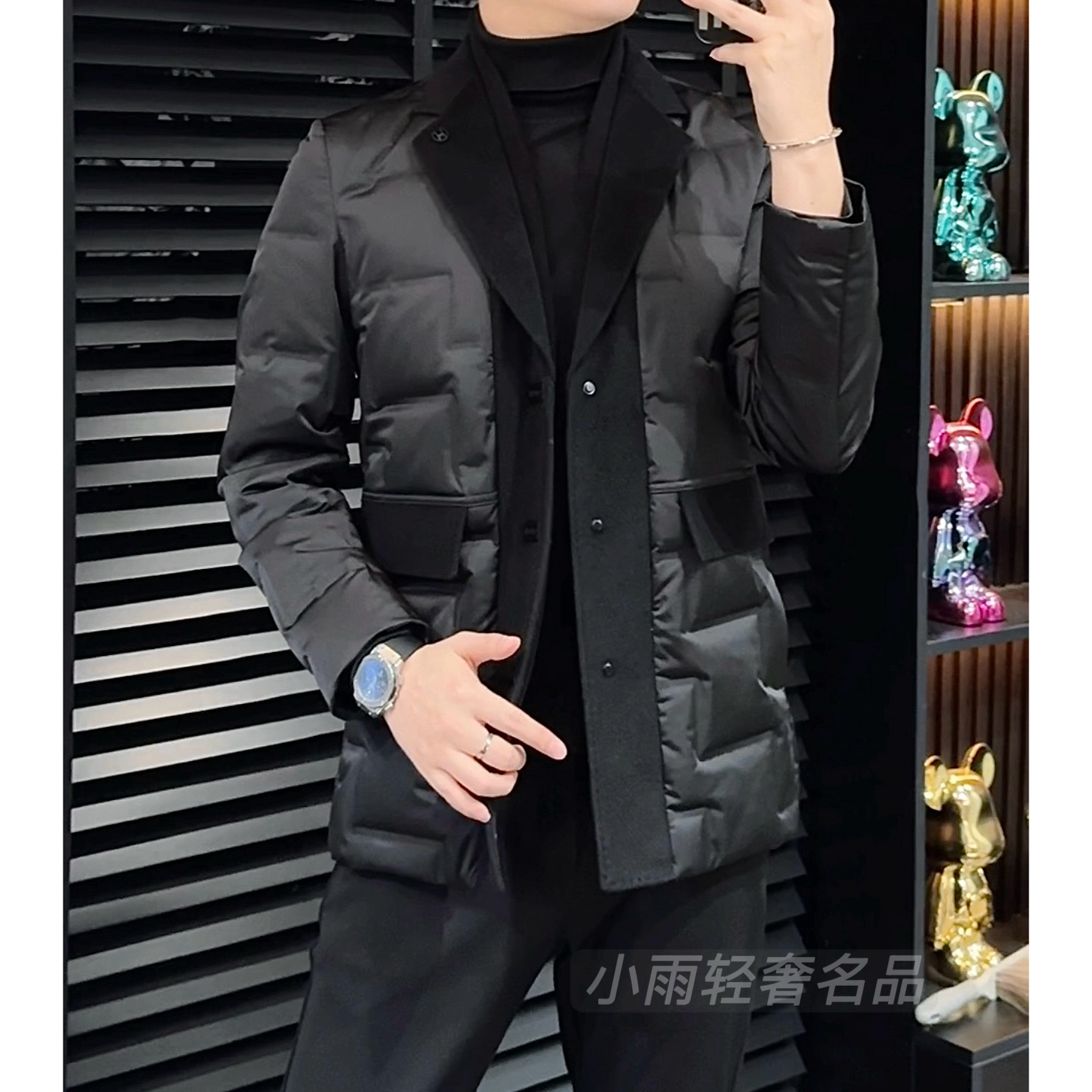 小雨男装｜高奢·定制绵羊毛围巾领缎面羽绒风衣羽绒服8679