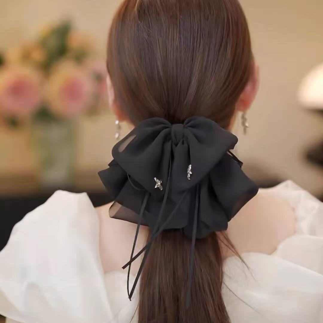法式气质蝴蝶结飘带发夹 时尚减龄网纱马尾抓夹 百搭黑色发卡