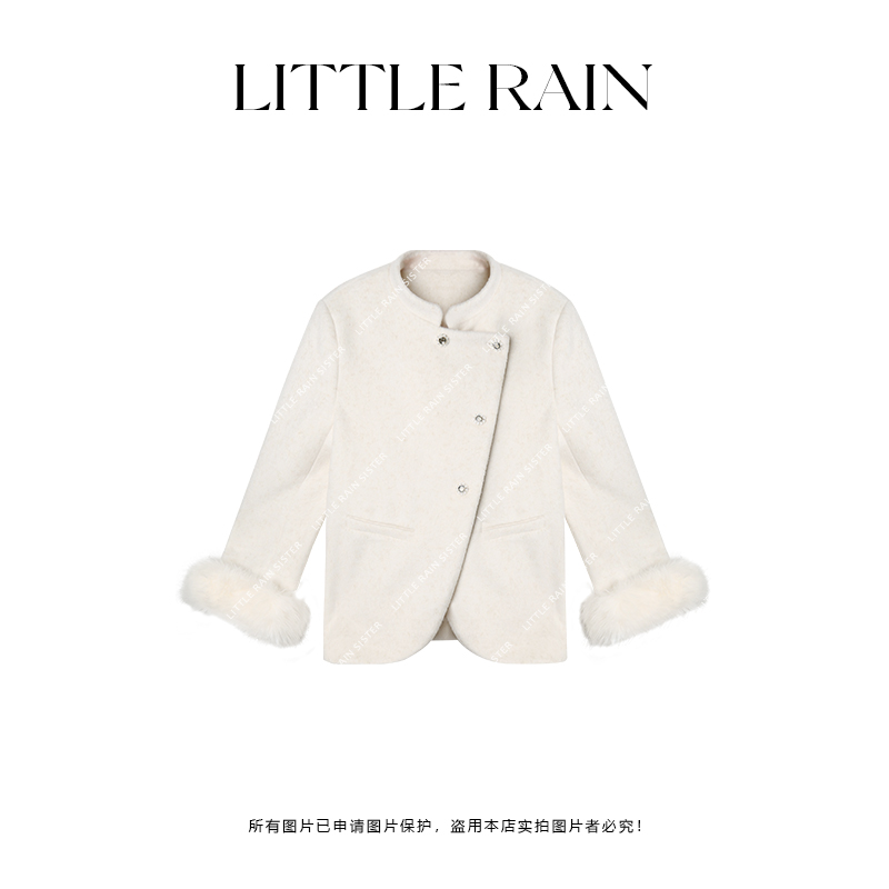 小雨姐姐【棠梨雪域】设计感立领呢料短外套袖口加毛圈新款