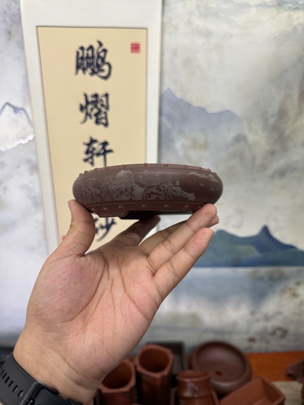 宜兴紫砂花盆10.5x3cm圆形浅盆香炉手拍冒顶百目老紫泥款式花盆