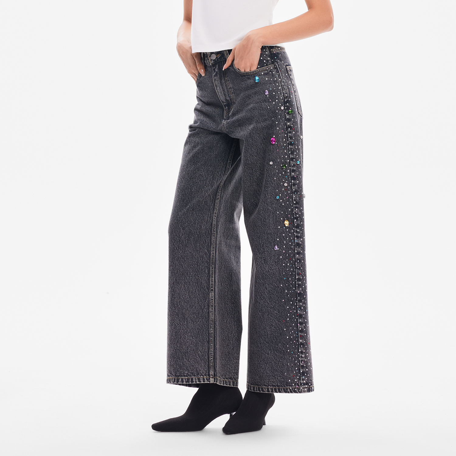 CALLED BACK秋季新款重工彩钻水洗复古直筒显瘦牛仔长裤女