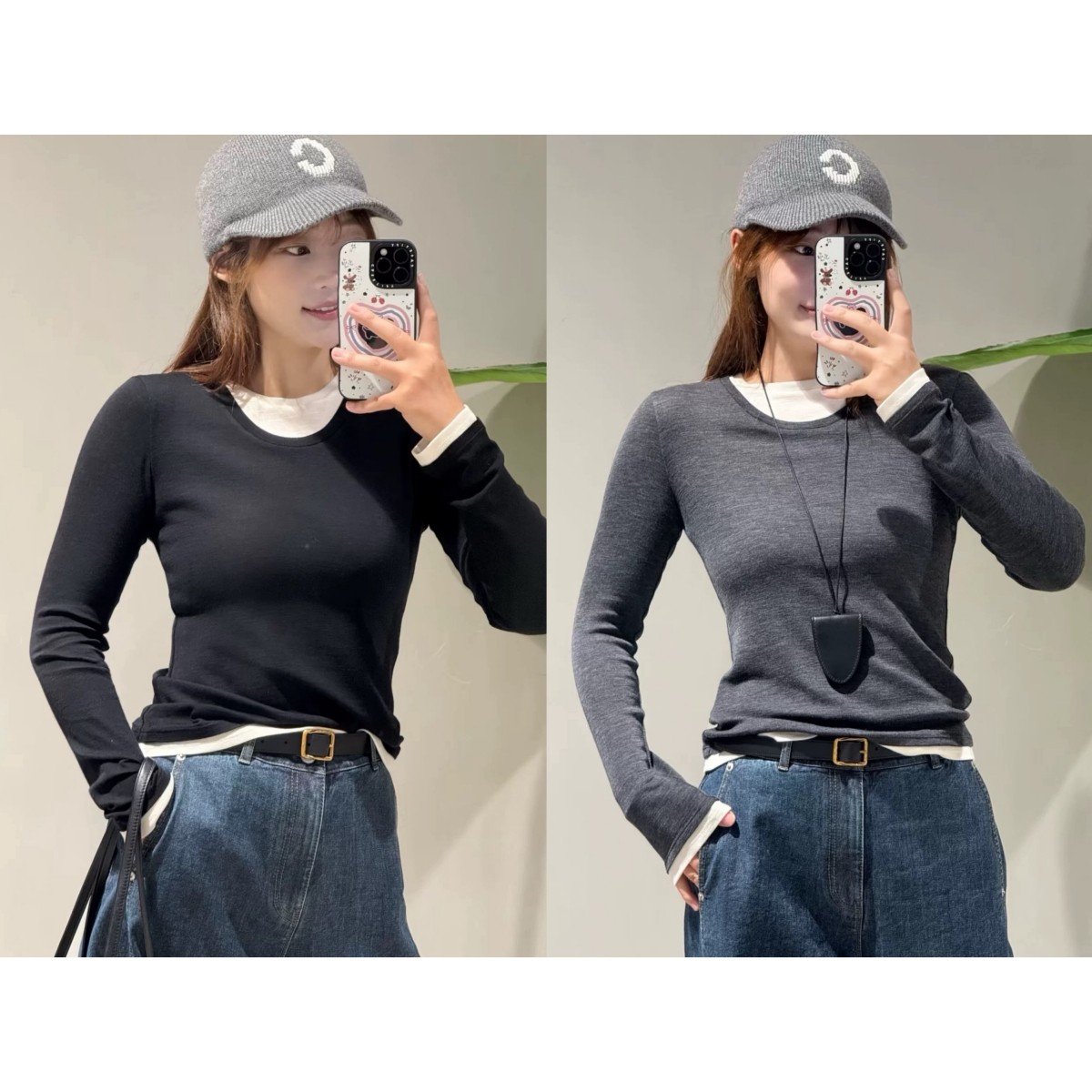 源面料小禾25巴兰素精纺羊毛假两件撞色打底衫长袖上衣