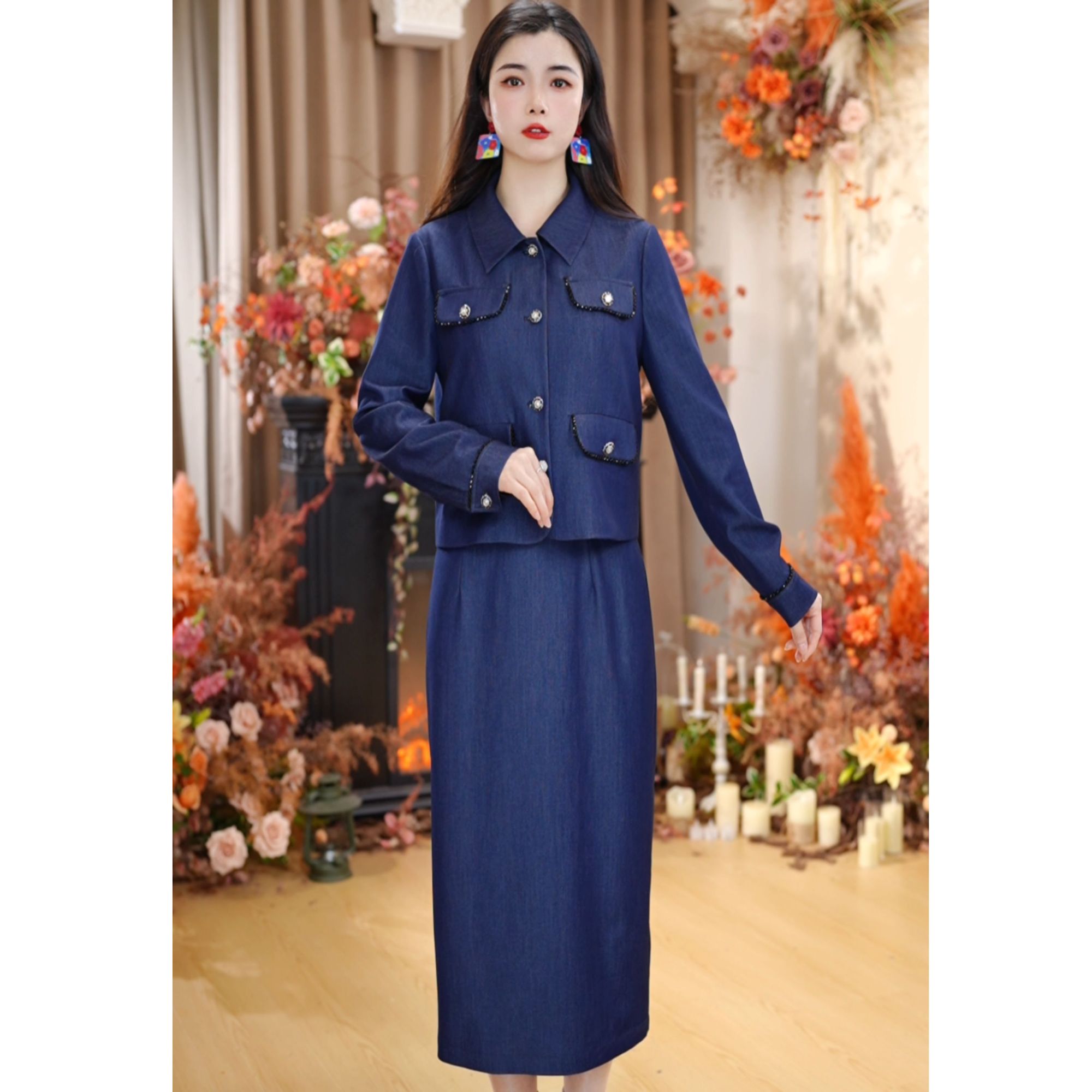 【LC】2025春季新款时尚套装上衣半身裙气质显瘦复古蓝色牛仔