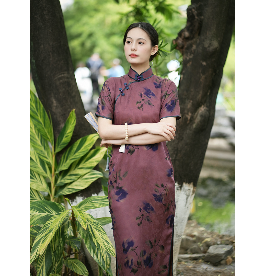 丘美【锦瑟】28姆米花萝红云纱无省修身手工古法中国风旗袍