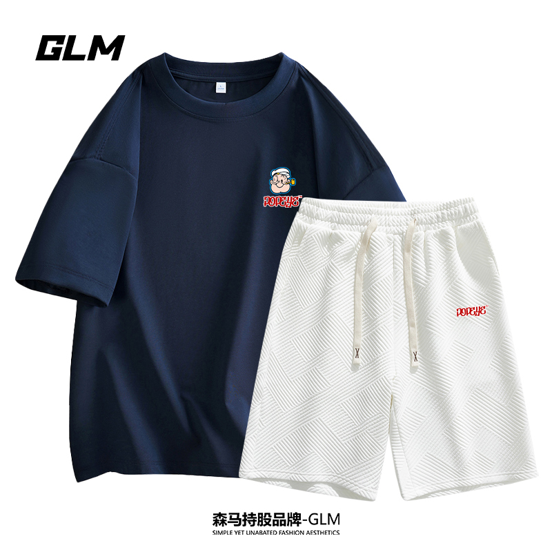 大力水手联名GLM【休闲套装】时尚短袖T恤青少年宽松五分裤纯棉上衣