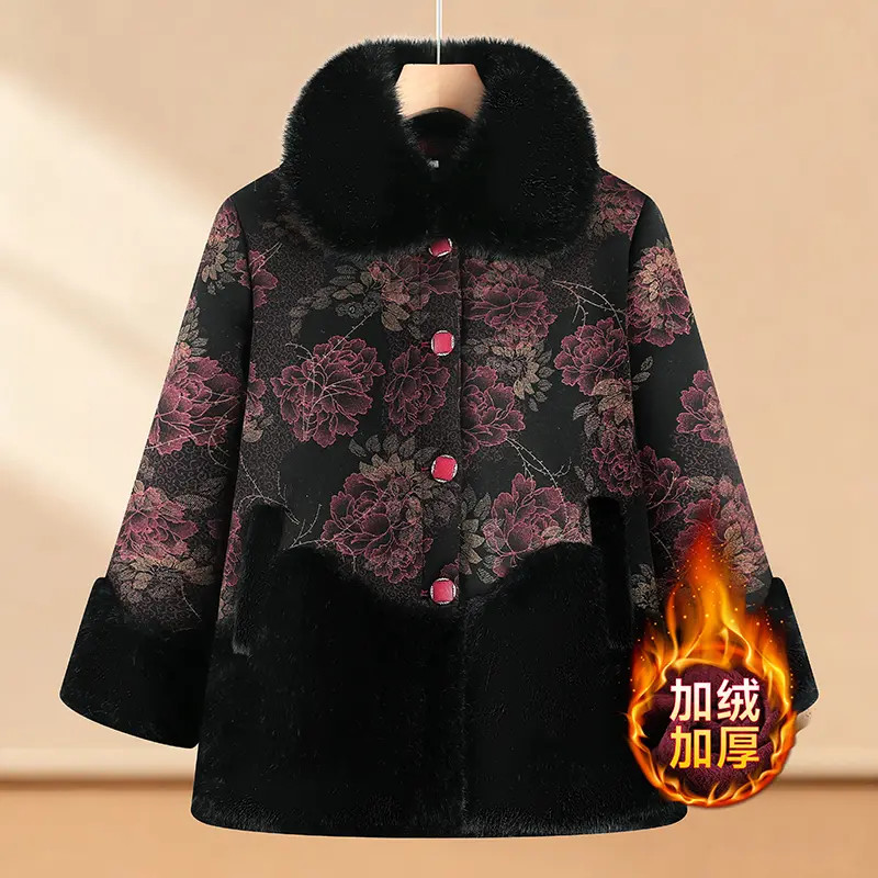 B100中年冬装常规款中老年女装加厚植物花卉宽松型保暖棉衣