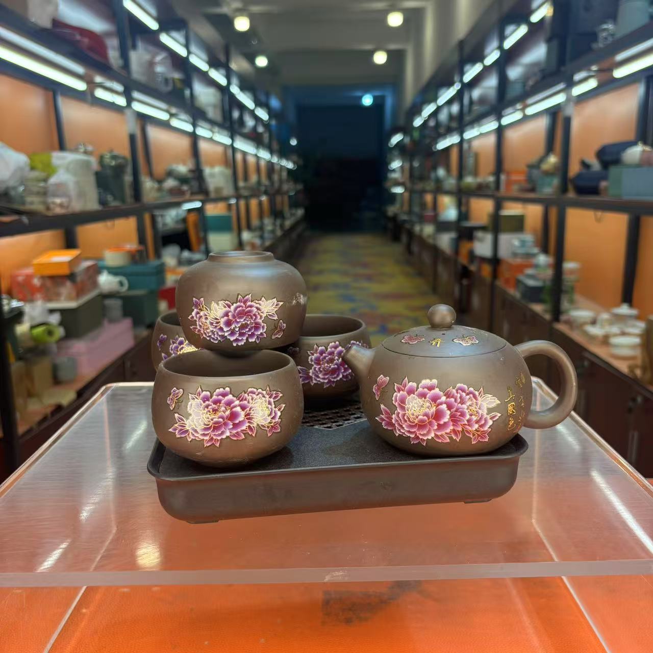 克克茶具黑泥花开富贵西施变色壶+四杯家用泡茶功夫茶具-2753