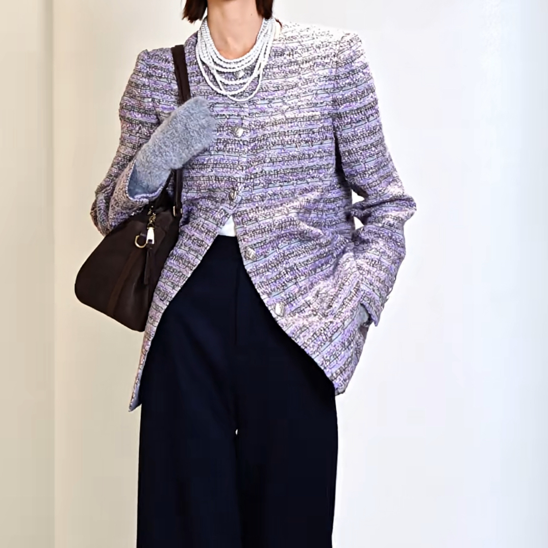 玛丝恩迪新款中长款粗花呢秋冬气质百搭小香风外套