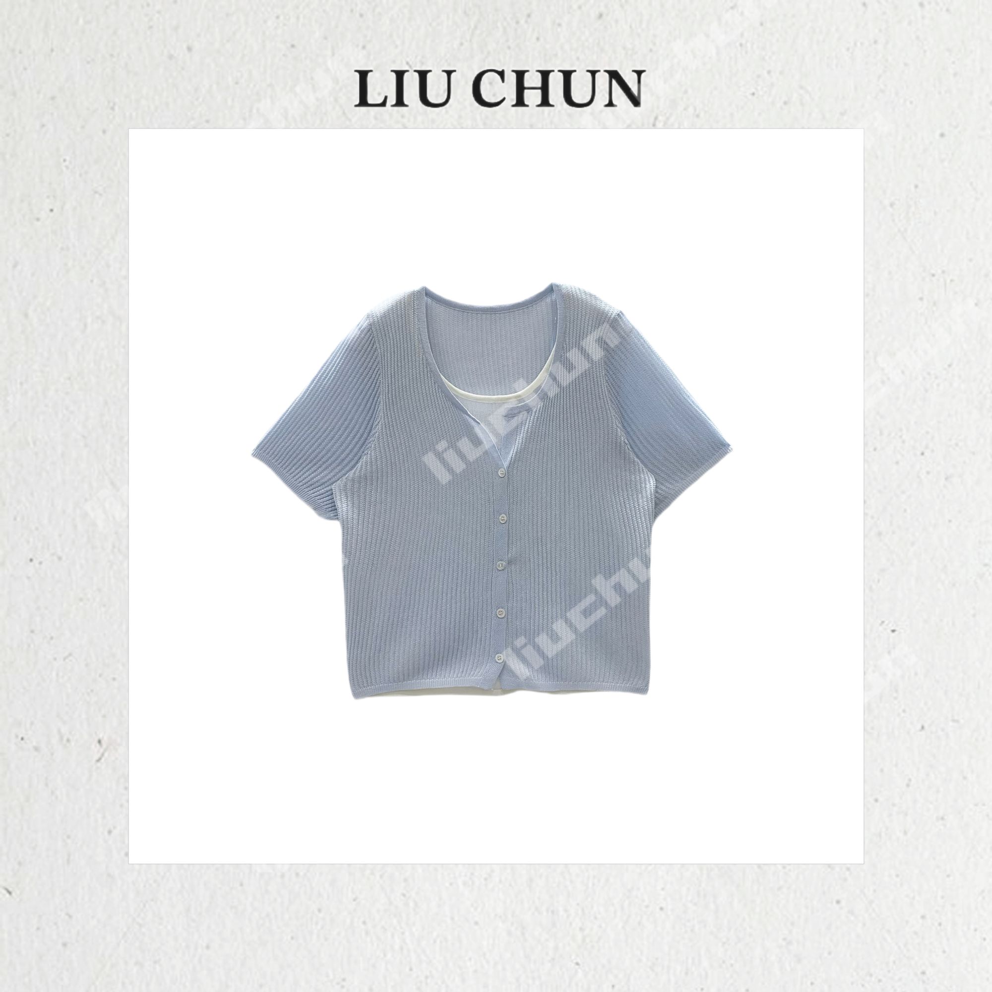 【坑条排扣假两件】CHUN家夏款针织T恤