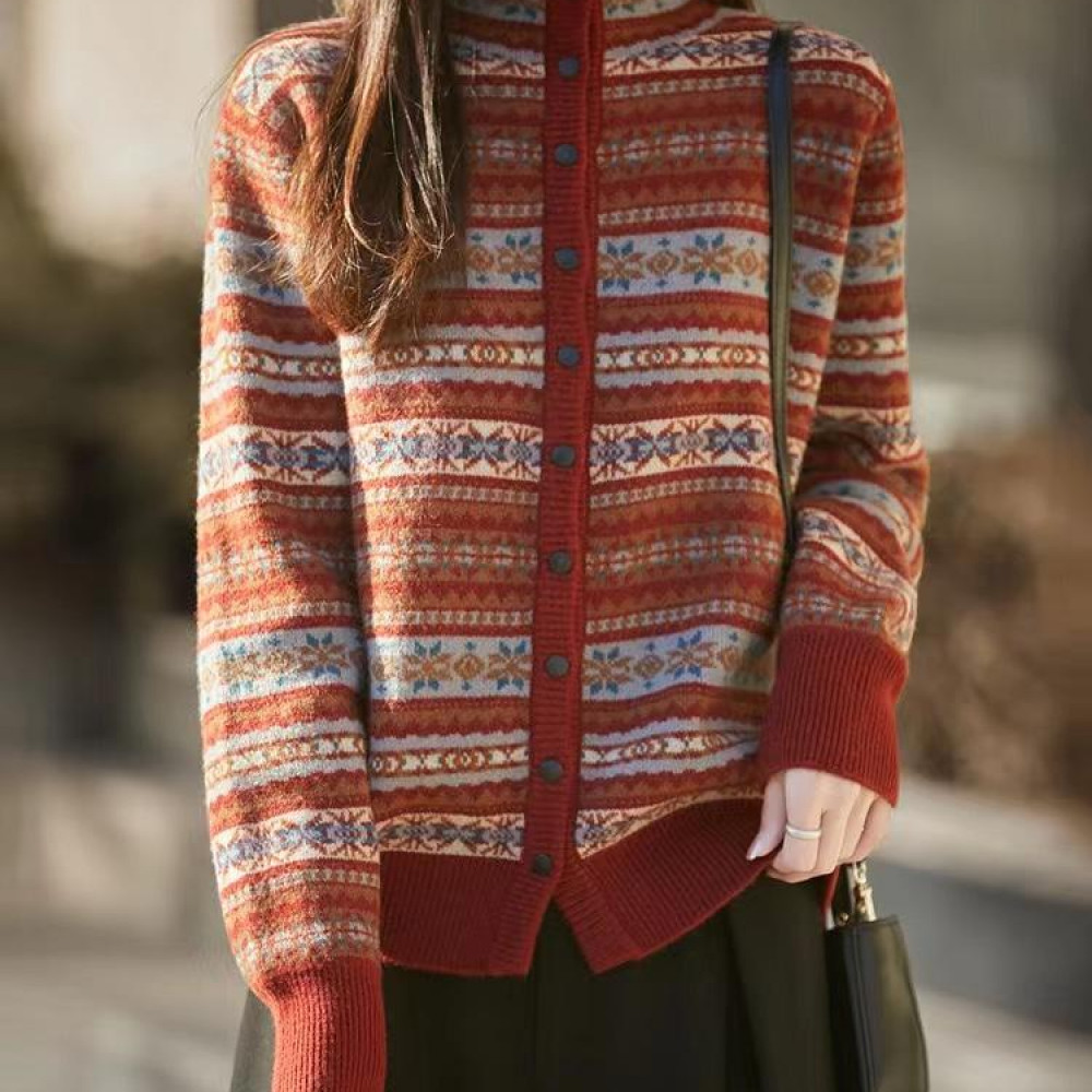 浣熊绒费尔岛半高领复古提花秋冬宽松毛衣长袖针织开衫女2303