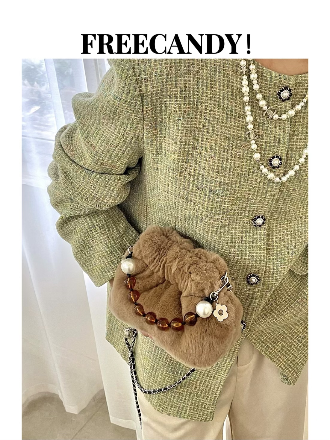 FREECANDY原创自制新中式串珠手拎斜挎褶皱真獭兔包包新