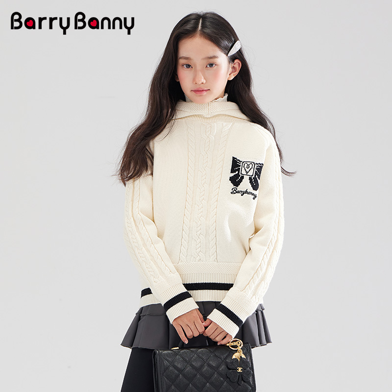 BarryBanny2025女童秋冬新款加厚毛衣针织衫保暖中大童连帽外套厚