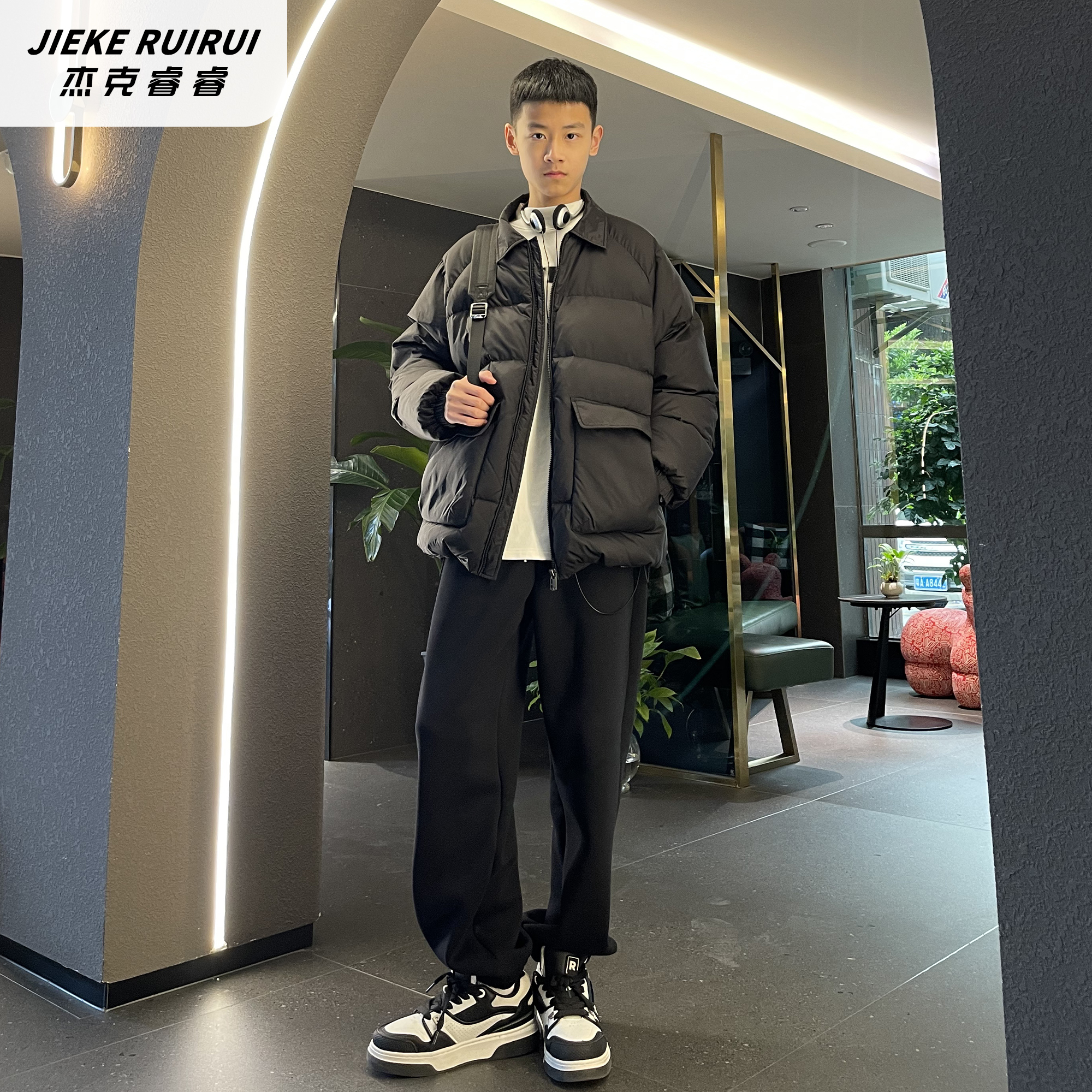 3822【现货-夏】纯色翻领休闲潮流羽绒服外套大童亲子外套杰克睿睿