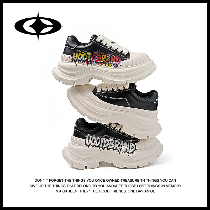 Uootd秋季新款增高板鞋时尚百搭休闲鞋皮面潮流男鞋厚底情侣鞋