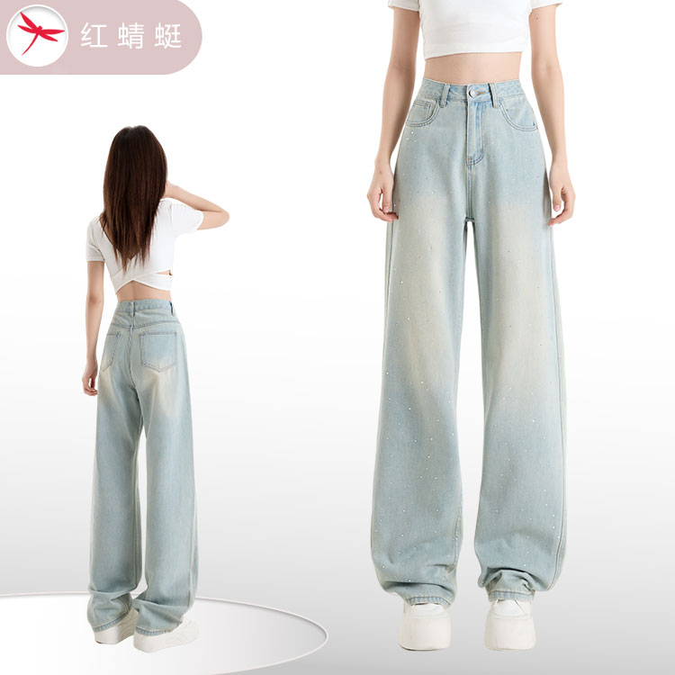 红蜻蜓秋冬季2025裤子网红款面料不掉色不易掉钻复古阔腿牛仔裤DG
