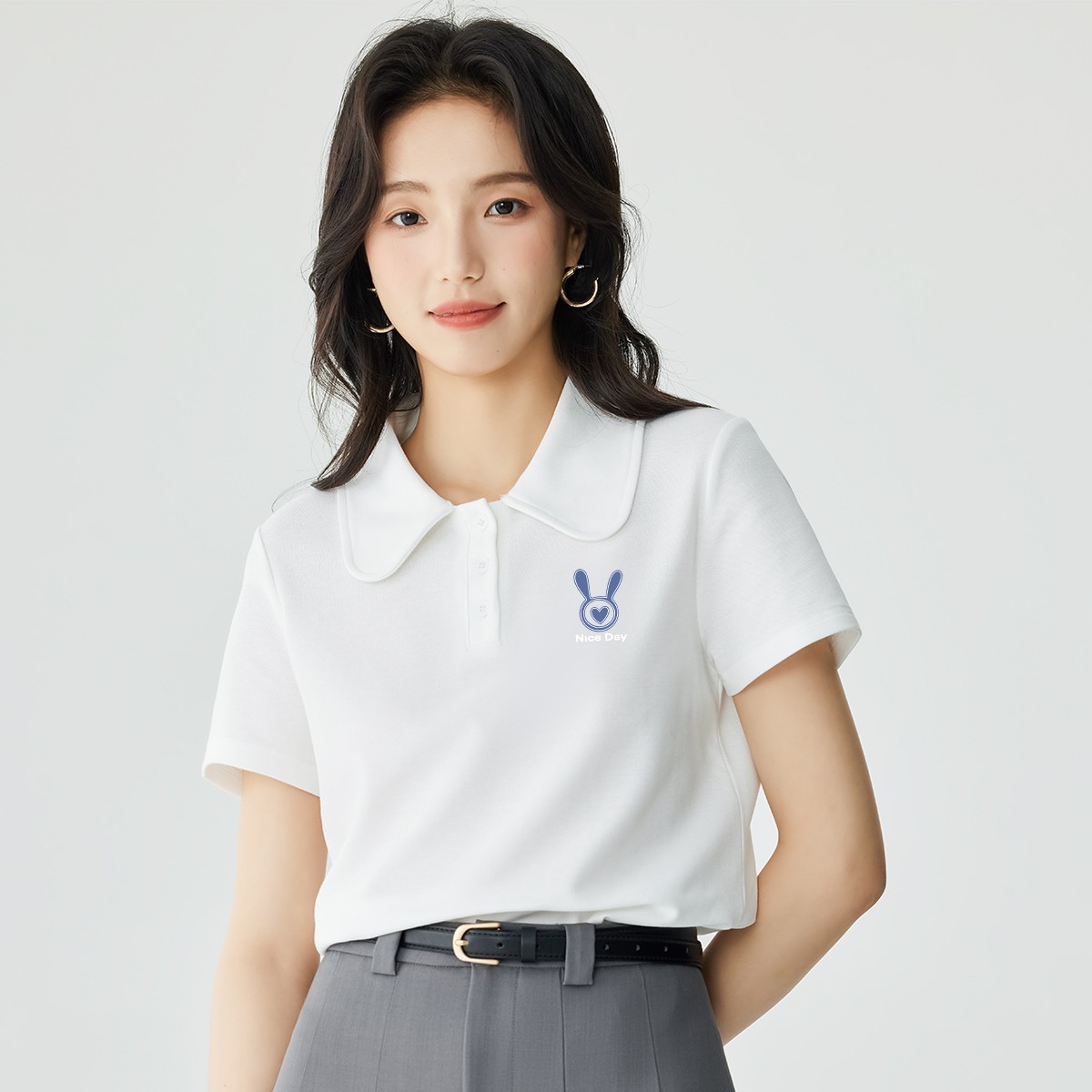 茵曼2025夏季轻职风韩版U领时尚百搭短袖女士纯色简约经典翻领T恤