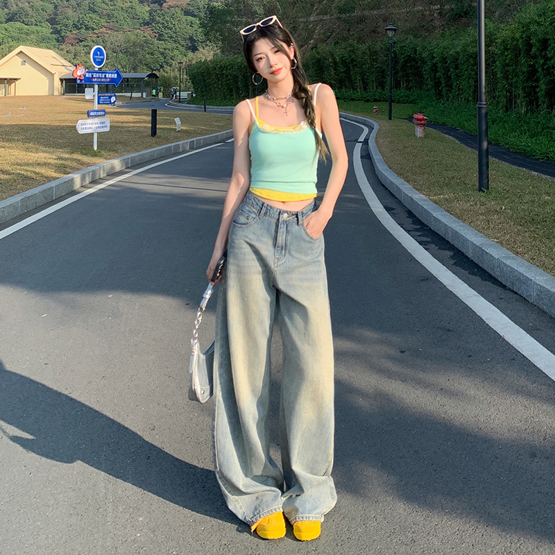 小众复古时尚高腰夏季水泥黄阔腿牛仔裤女百搭宽松直筒裤子拖地裤