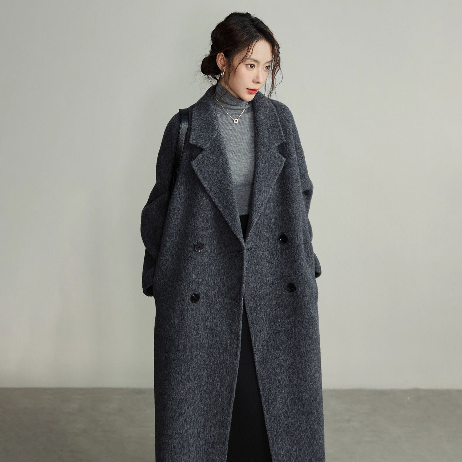 黑色双面羊绒大衣女中长款2025秋冬爆款韩版高级慵懒风羊毛呢外套