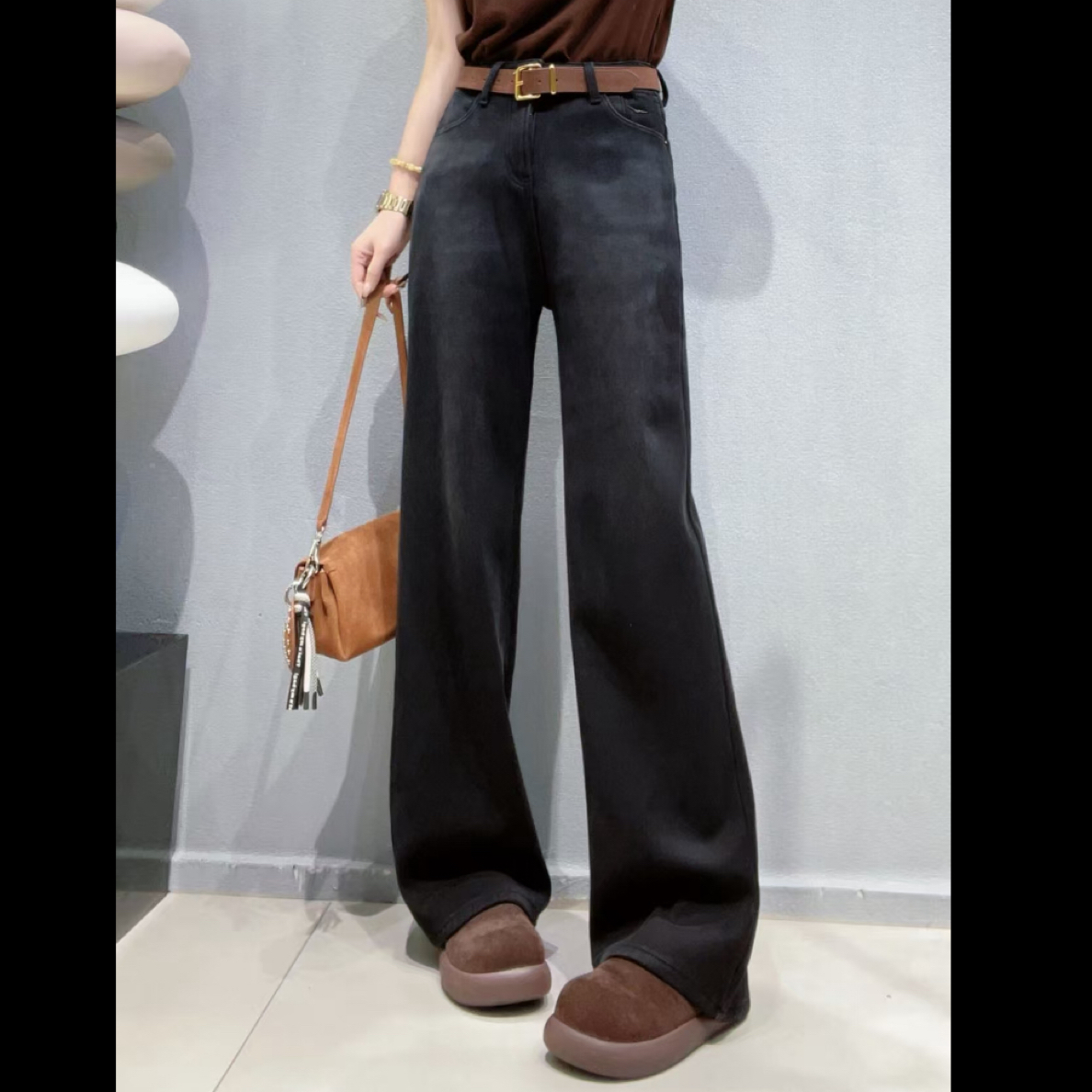 有货YYDS#8569冬福利高弹加厚复合绒直筒牛仔裤（不配皮带）裤105cm