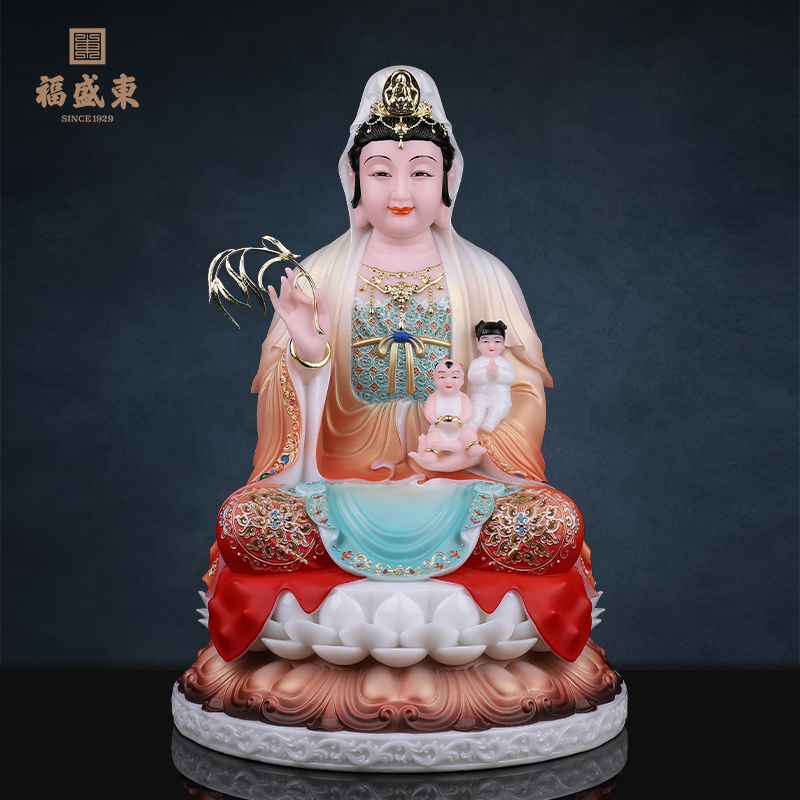 送子观音汉白玉彩绘南海观世音龙凤子女家用桌面摆件工艺品摆件