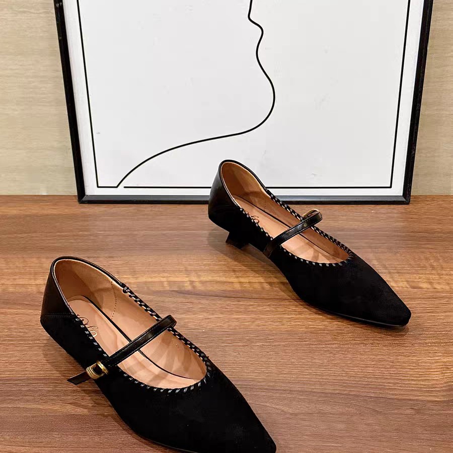 880-172韩版气质配裙绒面单鞋女新款一字带细中跟浅口玛丽珍鞋