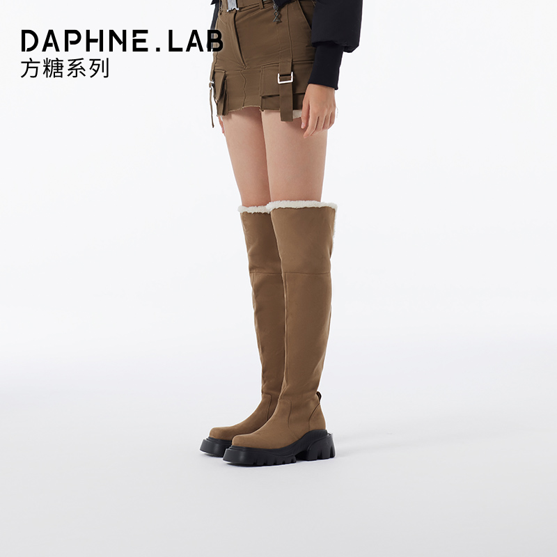 DAPHNE LAB达芙妮方糖皮毛过膝靴2023女秋冬百搭厚底两穿长筒靴