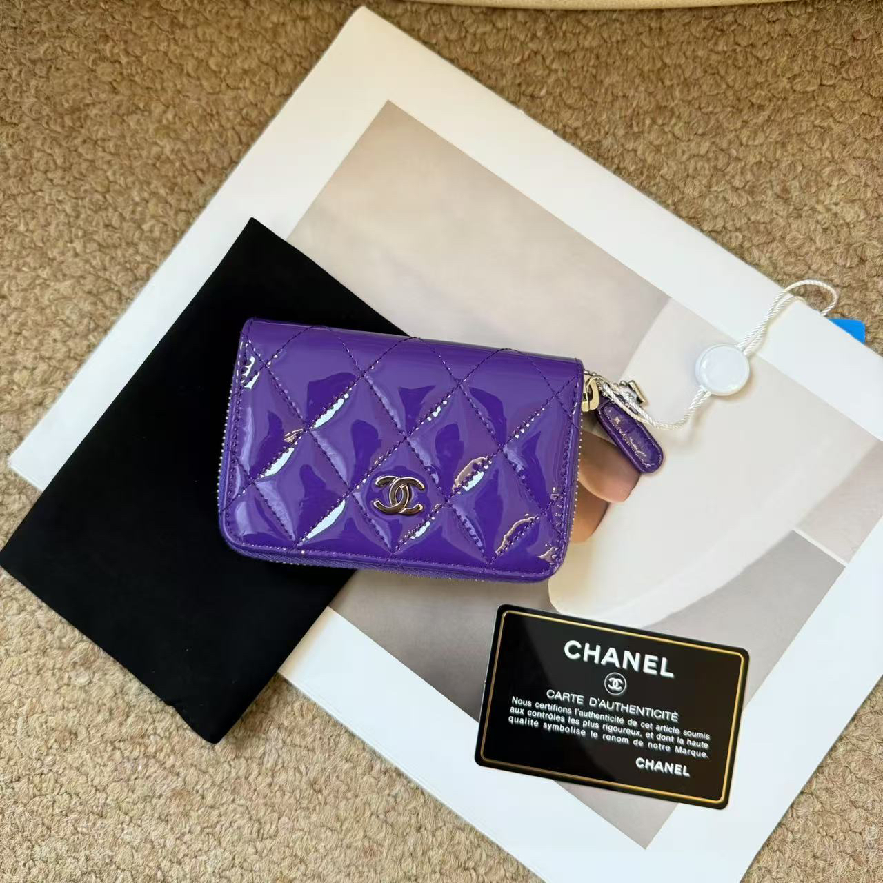 95新 Chanel/香奈儿 紫银 漆皮 拉链卡包零钱包/609563886