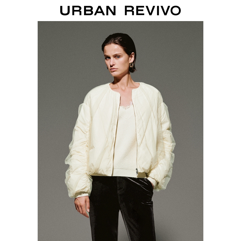 UR2025冬季新款女装多巴胺拼接网纱双拉链羽绒服UWG150120