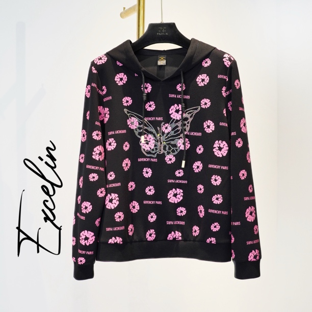 断码孤品A22【粉花花黑色连帽卫衣】时尚显瘦减龄洋气套头女上衣